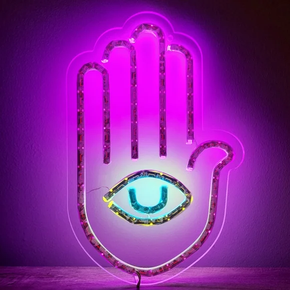 LAST ONE! Purple Hamsa Hand Fatima Evil Eye Neon Light Lamp Wall Sign Hanging - Picture 4 of 8